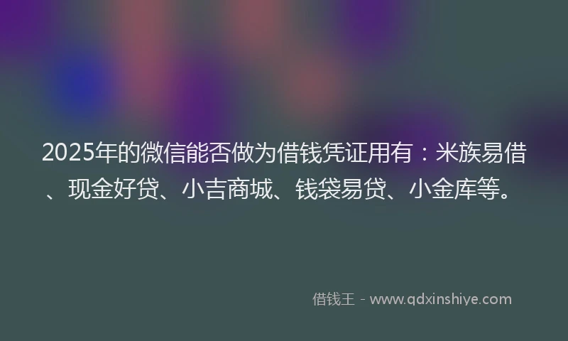 2025年的微信能否做为借钱凭证用有：米族易借、现金好贷、小吉商城、钱袋易贷、小金库等。