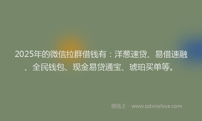 2025年的微信拉群借钱有：洋葱速贷、易借速融、全民钱包、现金易贷通宝、琥珀买单等。