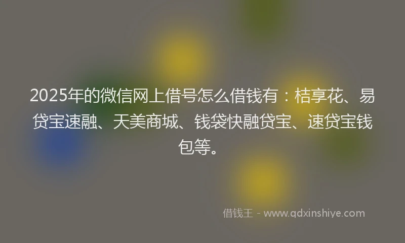 2025年的微信网上借号怎么借钱有:桔享花、易贷宝速融、天美商城、钱袋快融贷宝、速贷宝钱包等。