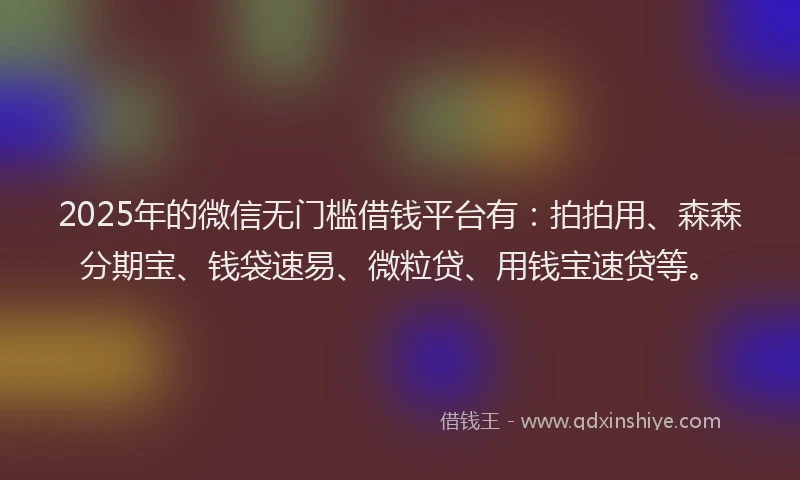 2025年的微信无门槛借钱平台有：拍拍用、森森分期宝、钱袋速易、微粒贷、用钱宝速贷等。