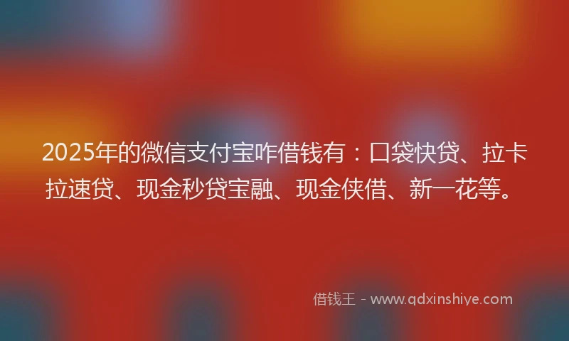 2025年的微信支付宝咋借钱有：口袋快贷、拉卡拉速贷、现金秒贷宝融、现金侠借、新一花等。