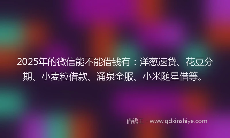 2025年的微信能不能借钱有：洋葱速贷、花豆分期、小麦粒借款、涌泉金服、小米随星借等。