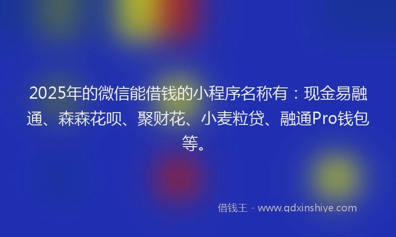 2025年的微信能借钱的小程序名称有：现金易融通、森森花呗、聚财花、小麦粒贷、融通Pro钱包等。