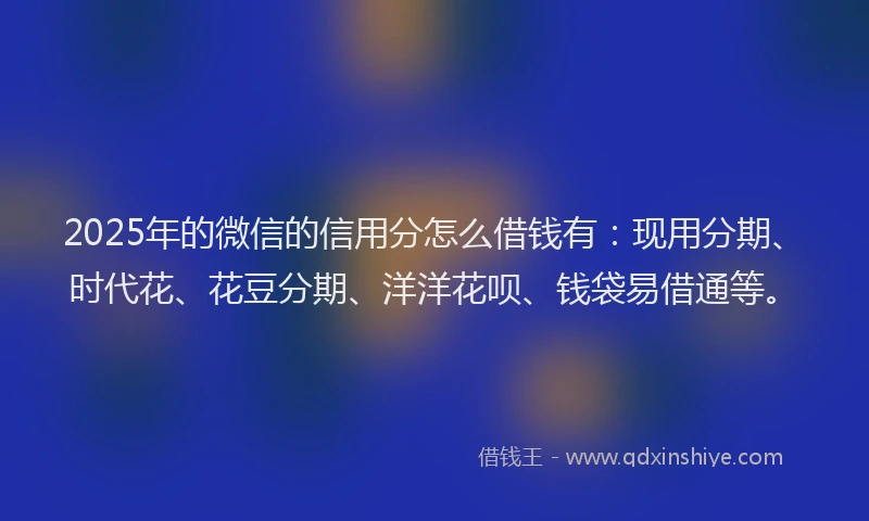 2025年的微信的信用分怎么借钱有:现用分期、时代花、花豆分期、洋洋花呗、钱袋易借通等。
