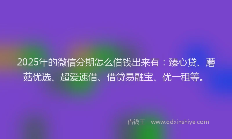 2025年的微信分期怎么借钱出来有：臻心贷、蘑菇优选、超爱速借、借贷易融宝、优一租等。