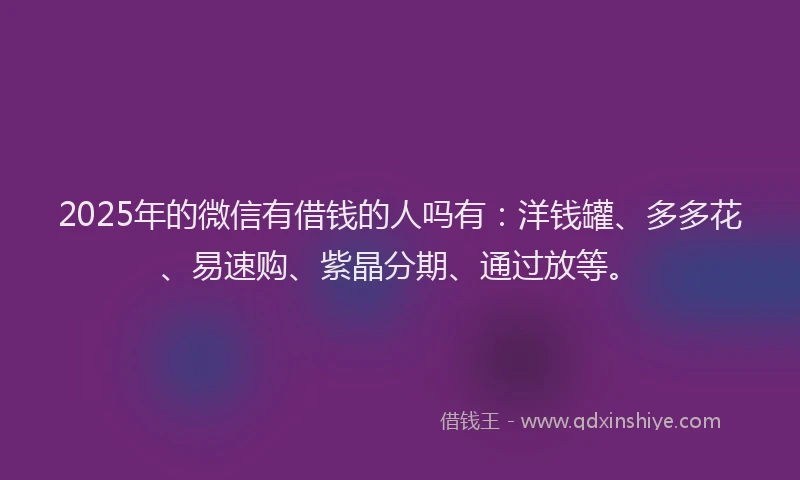2025年的微信有借钱的人吗有：洋钱罐、多多花、易速购、紫晶分期、通过放等。