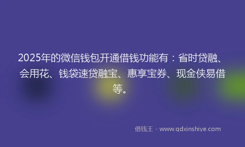 2025年的微信钱包开通借钱功能有：省时贷融、会用花、钱袋速贷融宝、惠享宝券、现金侠易借等。