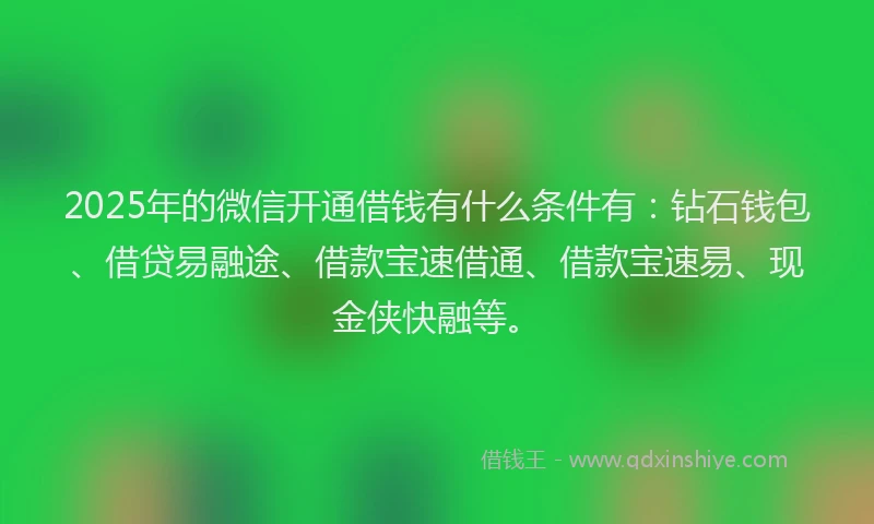 2025年的微信开通借钱有什么条件有：钻石钱包、借贷易融途、借款宝速借通、借款宝速易、现金侠快融等。
