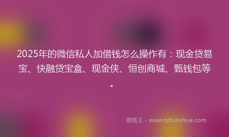 2025年的微信私人加借钱怎么操作有：现金贷易宝、快融贷宝盒、现金侠、恒创商城、甄钱包等。