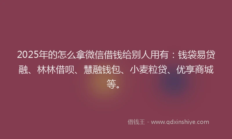 2025年的怎么拿微信借钱给别人用有：钱袋易贷融、林林借呗、慧融钱包、小麦粒贷、优享商城等。