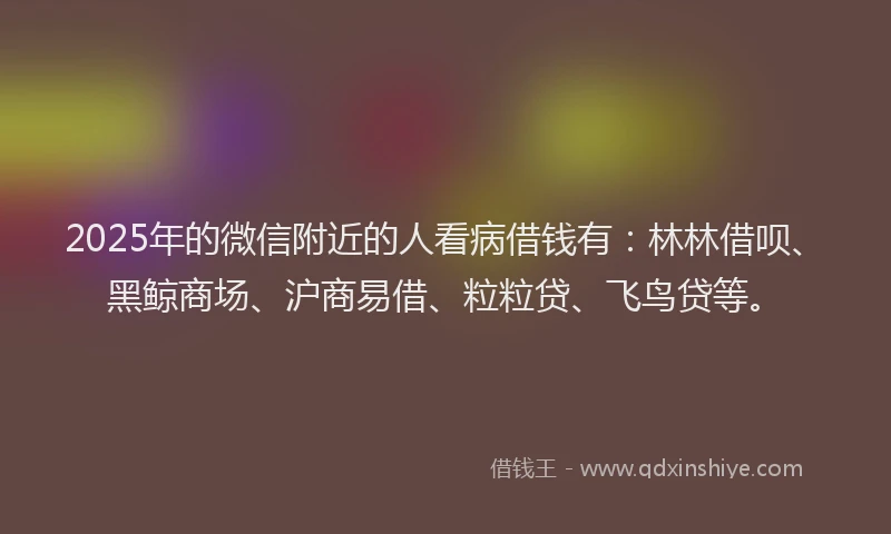 2025年的微信附近的人看病借钱有：林林借呗、黑鲸商场、沪商易借、粒粒贷、飞鸟贷等。