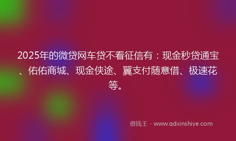 2025年的微贷网车贷不看征信有：现金秒贷通宝、佑佑商城、现金侠途、翼支付随意借、极速花等。