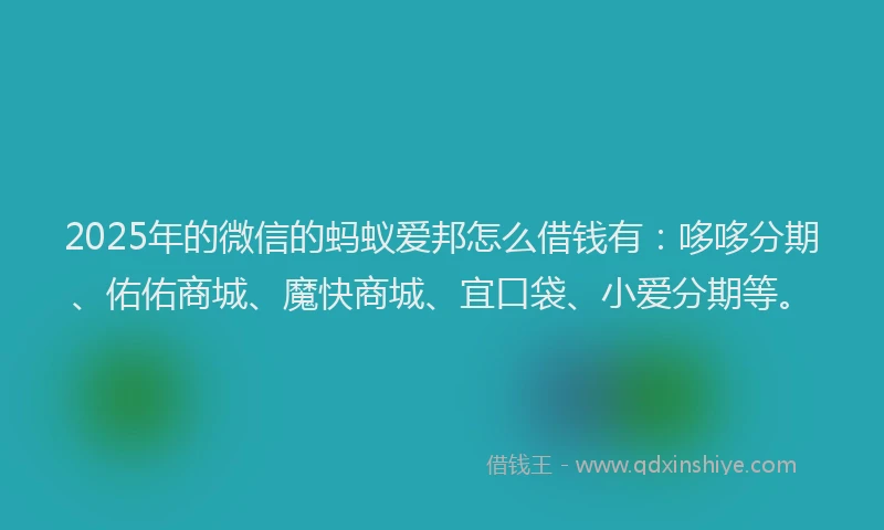 2025年的微信的蚂蚁爱邦怎么借钱有：哆哆分期、佑佑商城、魔快商城、宜口袋、小爱分期等。