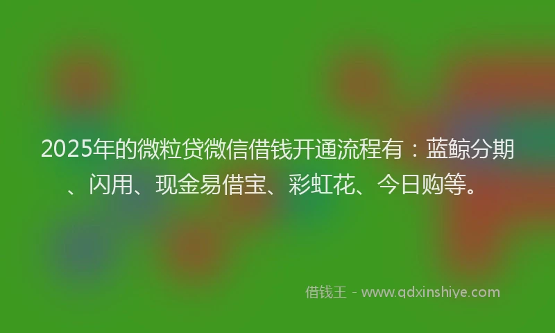2025年的微粒贷微信借钱开通流程有：蓝鲸分期、闪用、现金易借宝、彩虹花、今日购等。