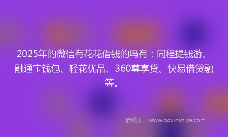 2025年的微信有花花借钱的吗有：同程提钱游、融通宝钱包、轻花优品、360尊享贷、快易借贷融等。