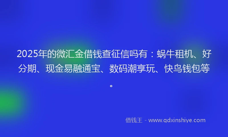 2025年的微汇金借钱查征信吗有：蜗牛租机、好分期、现金易融通宝、数码潮享玩、快鸟钱包等。