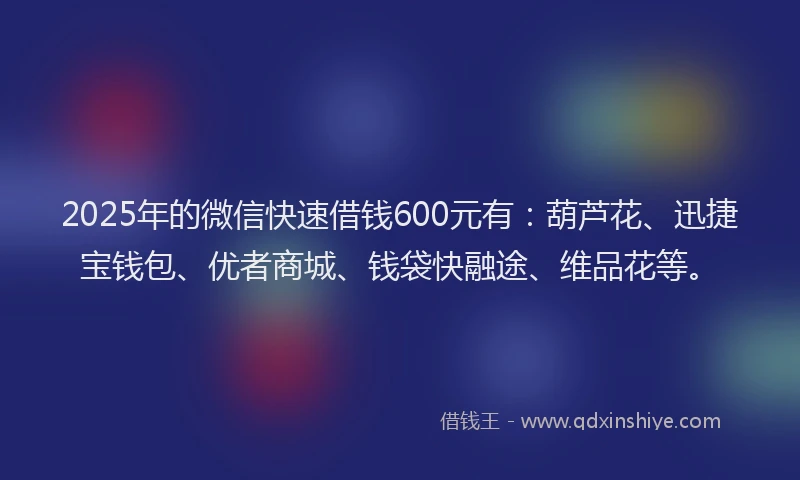 2025年的微信快速借钱600元有：葫芦花、迅捷宝钱包、优者商城、钱袋快融途、维品花等。