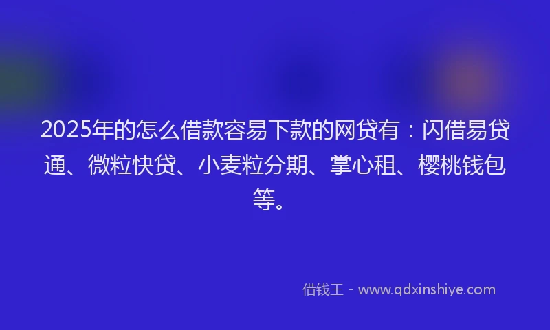 2025年的怎么借款容易下款的网贷有：闪借易贷通、微粒快贷、小麦粒分期、掌心租、樱桃钱包等。