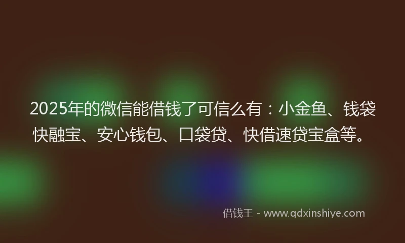 2025年的微信能借钱了可信么有：小金鱼、钱袋快融宝、安心钱包、口袋贷、快借速贷宝盒等。