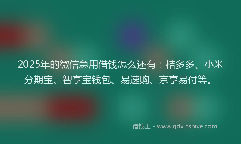2025年的微信急用借钱怎么还有：桔多多、小米分期宝、智享宝钱包、易速购、京享易付等。
