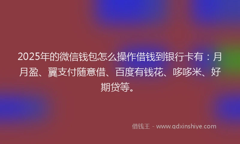 2025年的微信钱包怎么操作借钱到银行卡有：月月盈、翼支付随意借、百度有钱花、哆哆米、好期贷等。