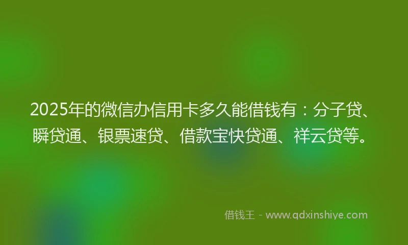 2025年的微信办信用卡多久能借钱有：分子贷、瞬贷通、银票速贷、借款宝快贷通、祥云贷等。