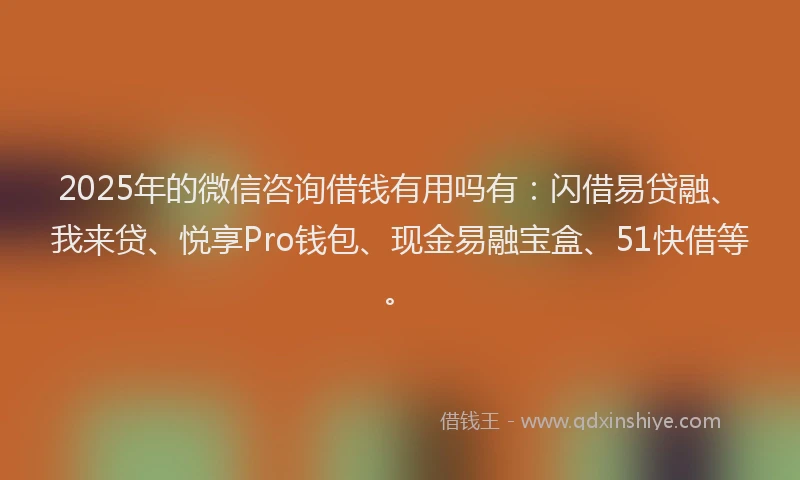 2025年的微信咨询借钱有用吗有：闪借易贷融、我来贷、悦享Pro钱包、现金易融宝盒、51快借等。