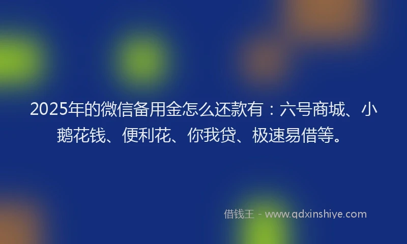 2025年的微信备用金怎么还款有：六号商城、小鹅花钱、便利花、你我贷、极速易借等。