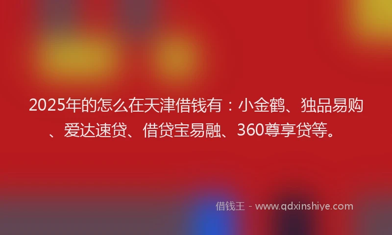2025年的怎么在天津借钱有：小金鹤、独品易购、爱达速贷、借贷宝易融、360尊享贷等。