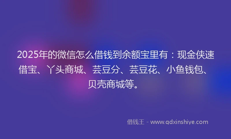 2025年的微信怎么借钱到余额宝里有：现金侠速借宝、丫头商城、芸豆分、芸豆花、小鱼钱包、贝壳商城等。