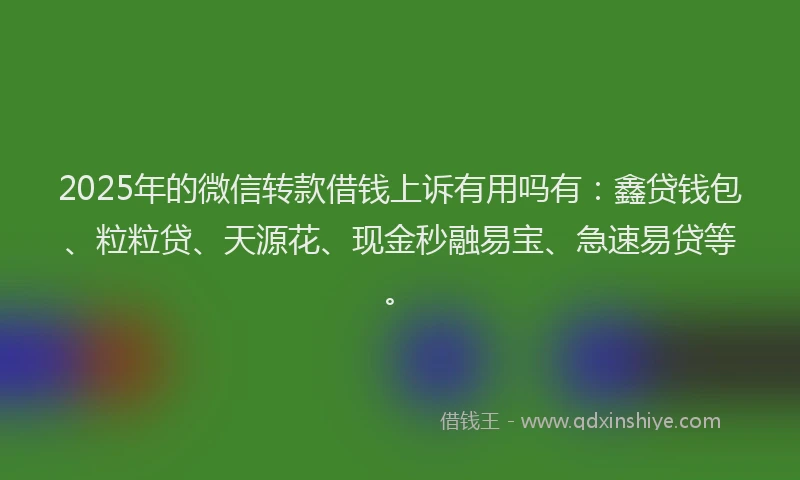 2025年的微信转款借钱上诉有用吗有：鑫贷钱包、粒粒贷、天源花、现金秒融易宝、急速易贷等。