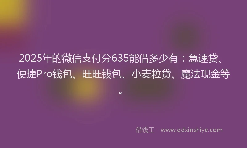 2025年的微信支付分635能借多少有：急速贷、便捷Pro钱包、旺旺钱包、小麦粒贷、魔法现金等。