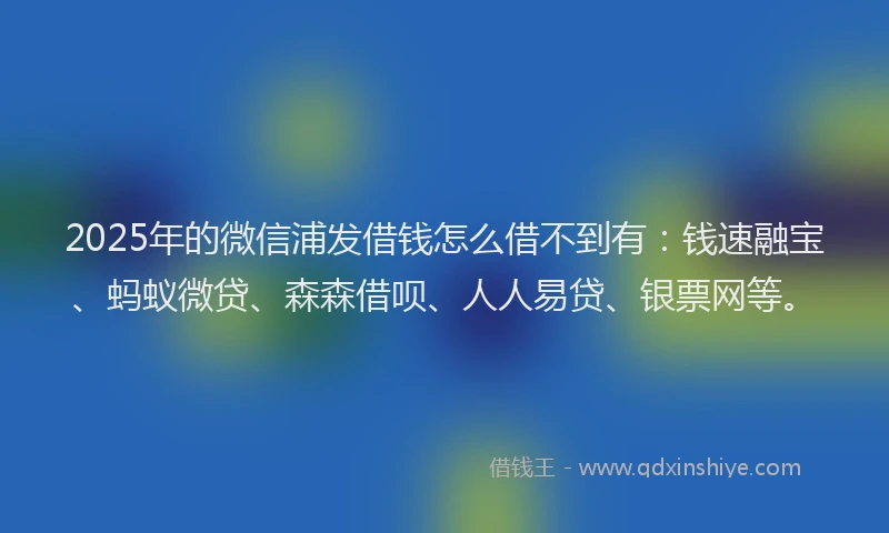 2025年的微信浦发借钱怎么借不到有:钱速融宝、蚂蚁微贷、森森借呗、人人易贷、银票网等。