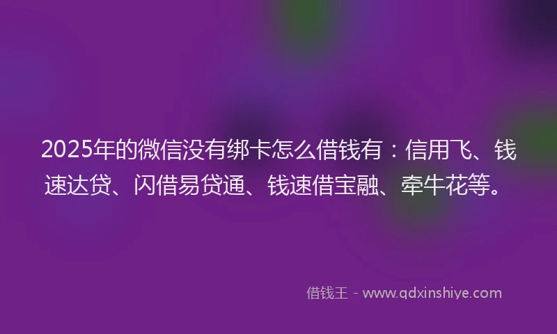 2025年的微信没有绑卡怎么借钱有：信用飞、钱速达贷、闪借易贷通、钱速借宝融、牵牛花等。