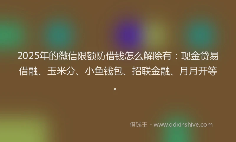 2025年的微信限额防借钱怎么解除有：现金贷易借融、玉米分、小鱼钱包、招联金融、月月开等。