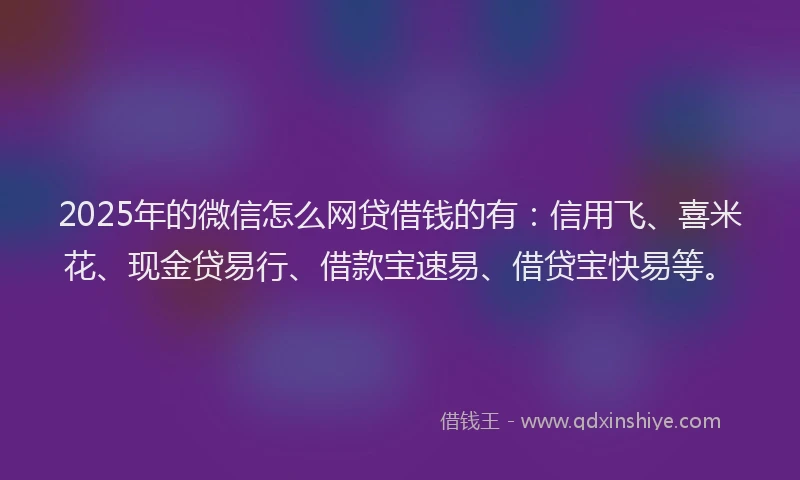 2025年的微信怎么网贷借钱的有：信用飞、喜米花、现金贷易行、借款宝速易、借贷宝快易等。