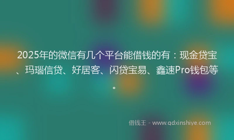 2025年的微信有几个平台能借钱的有：现金贷宝、玛瑙信贷、好居客、闪贷宝易、鑫速Pro钱包等。