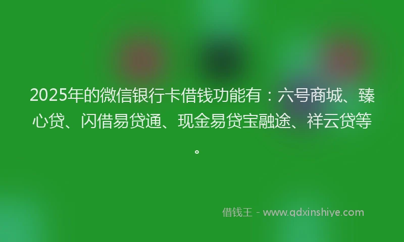 2025年的微信银行卡借钱功能有：六号商城、臻心贷、闪借易贷通、现金易贷宝融途、祥云贷等。