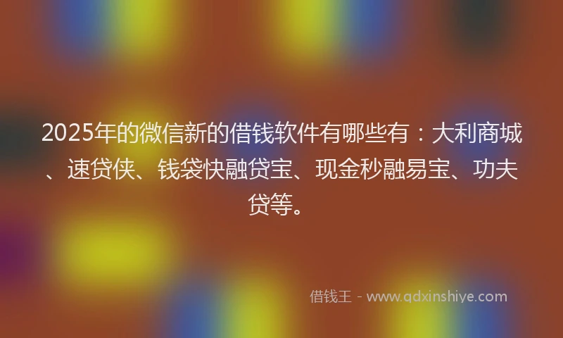 2025年的微信新的借钱软件有哪些有：大利商城、速贷侠、钱袋快融贷宝、现金秒融易宝、功夫贷等。