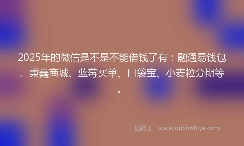 2025年的微信是不是不能借钱了有:融通易钱包、秉鑫商城、蓝莓买单、口袋宝、小麦粒分期等。