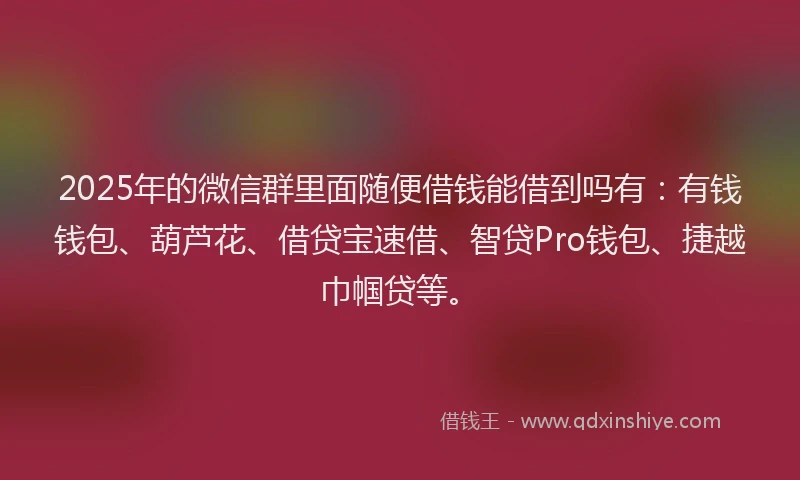 2025年的微信群里面随便借钱能借到吗有：有钱钱包、葫芦花、借贷宝速借、智贷Pro钱包、捷越巾帼贷等。