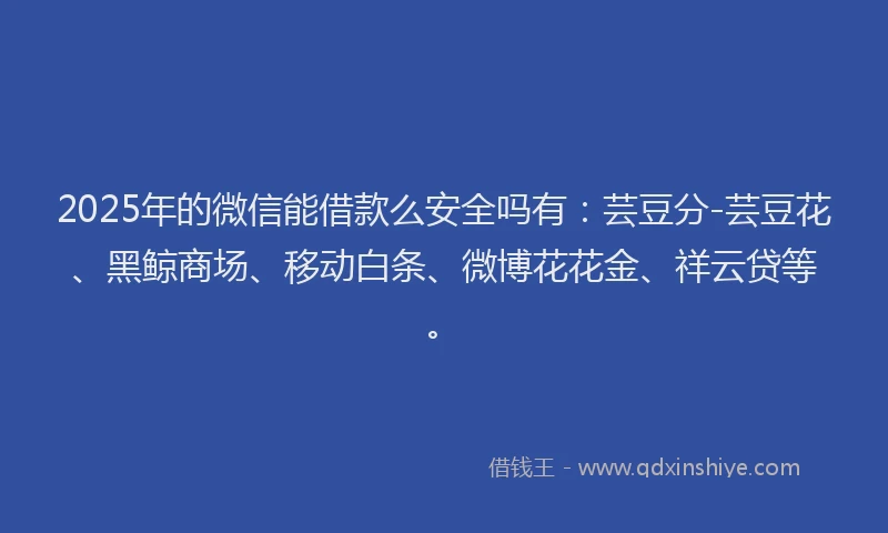2025年的微信能借款么安全吗有:芸豆分-芸豆花、黑鲸商场、移动白条、微博花花金、祥云贷等。