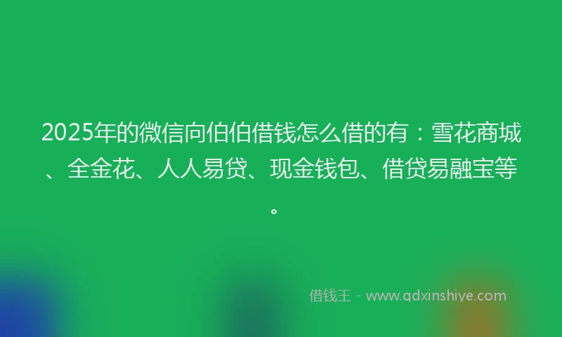 2025年的微信向伯伯借钱怎么借的有：雪花商城、全金花、人人易贷、现金钱包、借贷易融宝等。