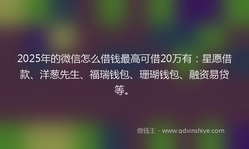 2025年的微信怎么借钱最高可借20万有：星愿借款、洋葱先生、福瑞钱包、珊瑚钱包、融资易贷等。