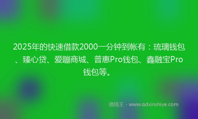 2025年的快速借款2000一分钟到帐有：琉璃钱包、臻心贷、爱蹦商城、普惠Pro钱包、鑫融宝Pro钱包等。