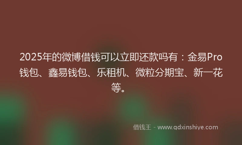 2025年的微博借钱可以立即还款吗有：金易Pro钱包、鑫易钱包、乐租机、微粒分期宝、新一花等。