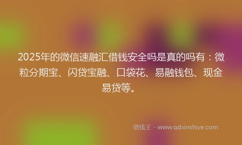 2025年的微信速融汇借钱安全吗是真的吗有：微粒分期宝、闪贷宝融、口袋花、易融钱包、现金易贷等。