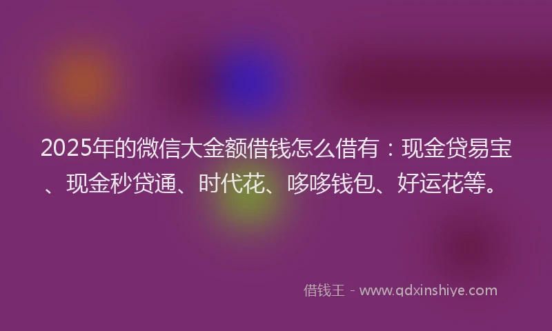 2025年的微信大金额借钱怎么借有：现金贷易宝、现金秒贷通、时代花、哆哆钱包、好运花等。