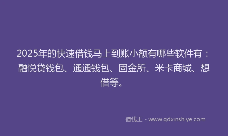 2025年的快速借钱马上到账小额有哪些软件有：融悦贷钱包、通通钱包、固金所、米卡商城、想借等。