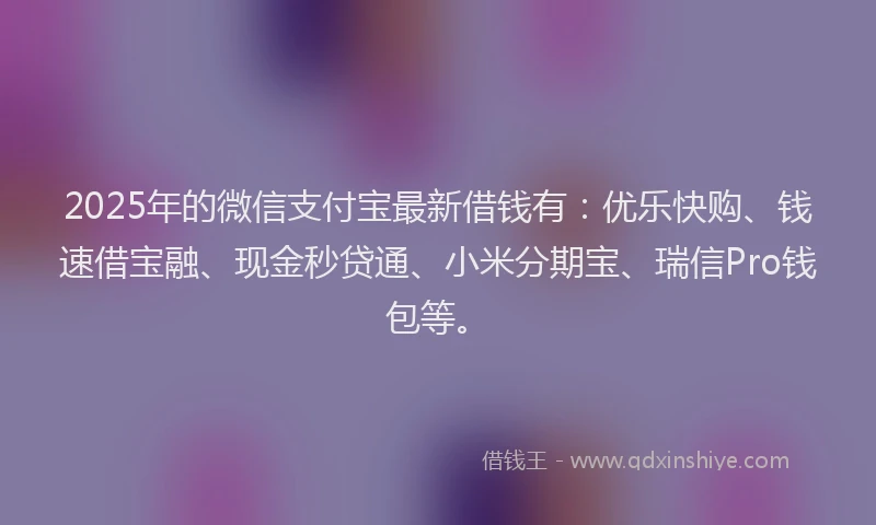 2025年的微信支付宝最新借钱有：优乐快购、钱速借宝融、现金秒贷通、小米分期宝、瑞信Pro钱包等。